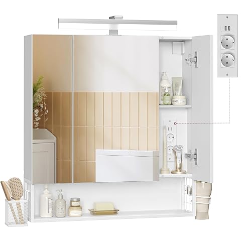 Armoire de toilette murale à trois portes miroir, éclairage LED, étagère ouverte et accessoires