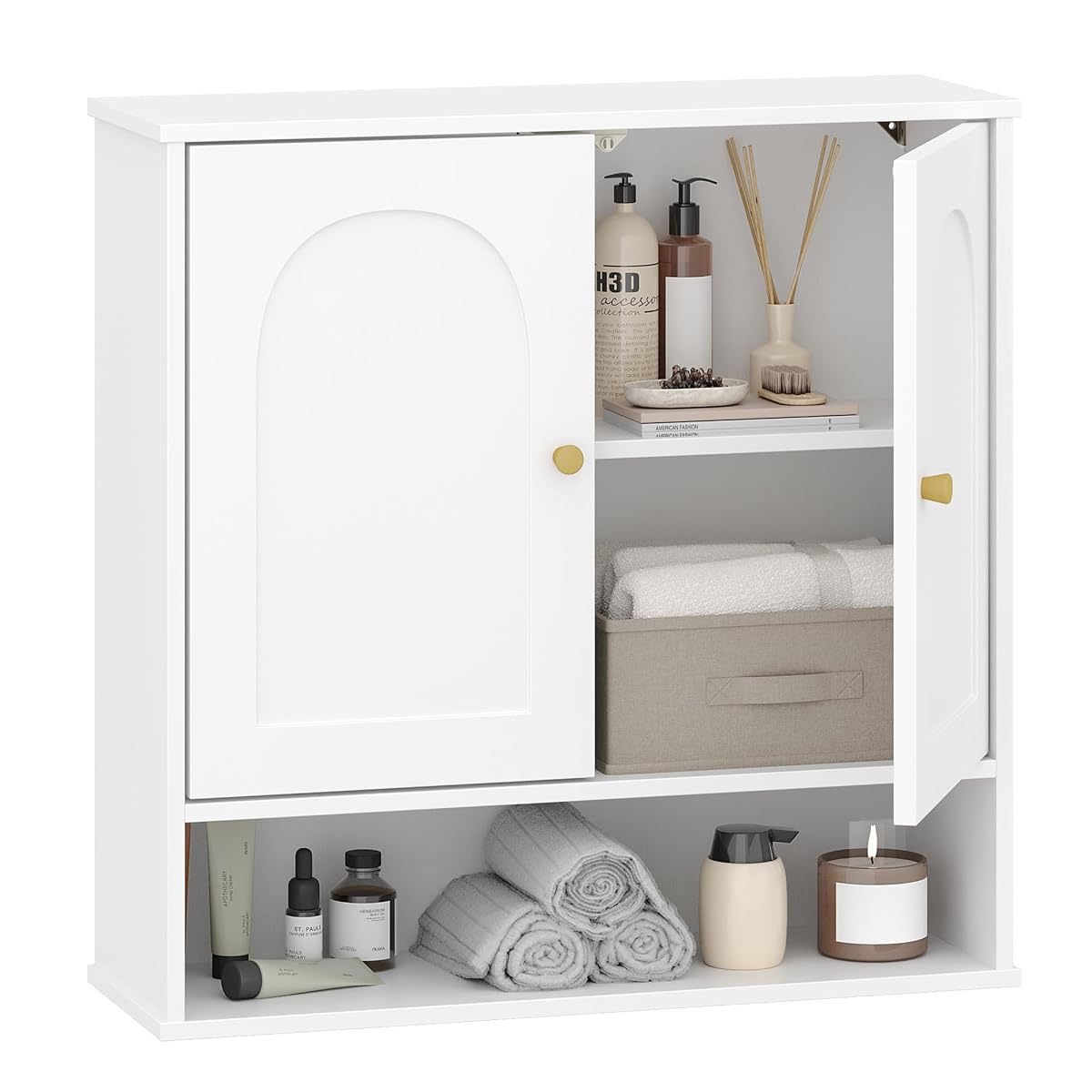 Armoire murale blanche à deux portes cintrées avec étagère ouverte, installée au-dessus d’une vasque claire.