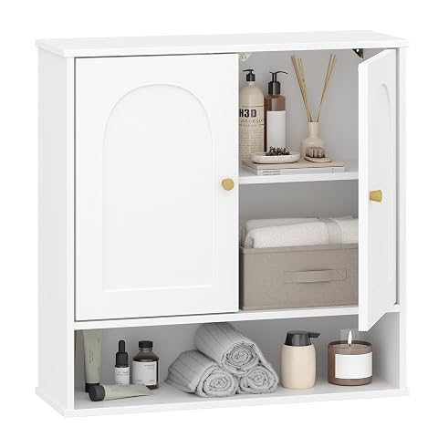 Armoire murale blanche à deux portes cintrées avec étagère ouverte, installée au-dessus d’une vasque claire.
