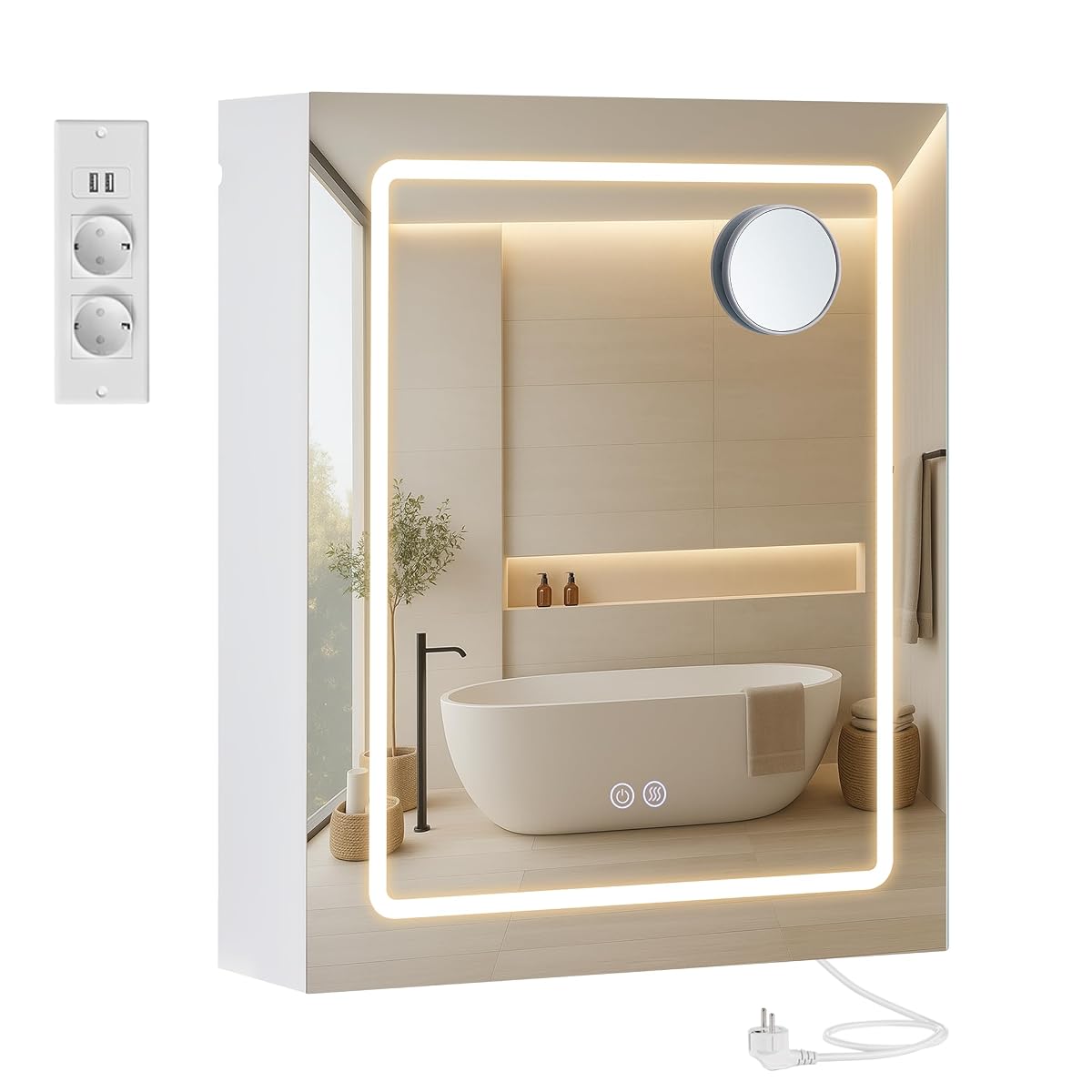 Armoire de toilette blanche à miroir LED au-dessus d’une vasque en pierre claire