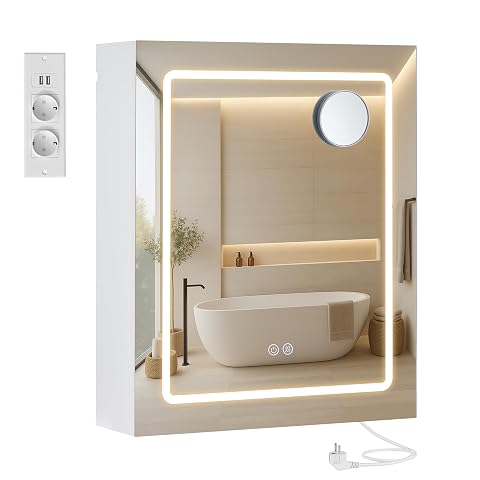Armoire de toilette blanche à miroir LED au-dessus d’une vasque en pierre claire