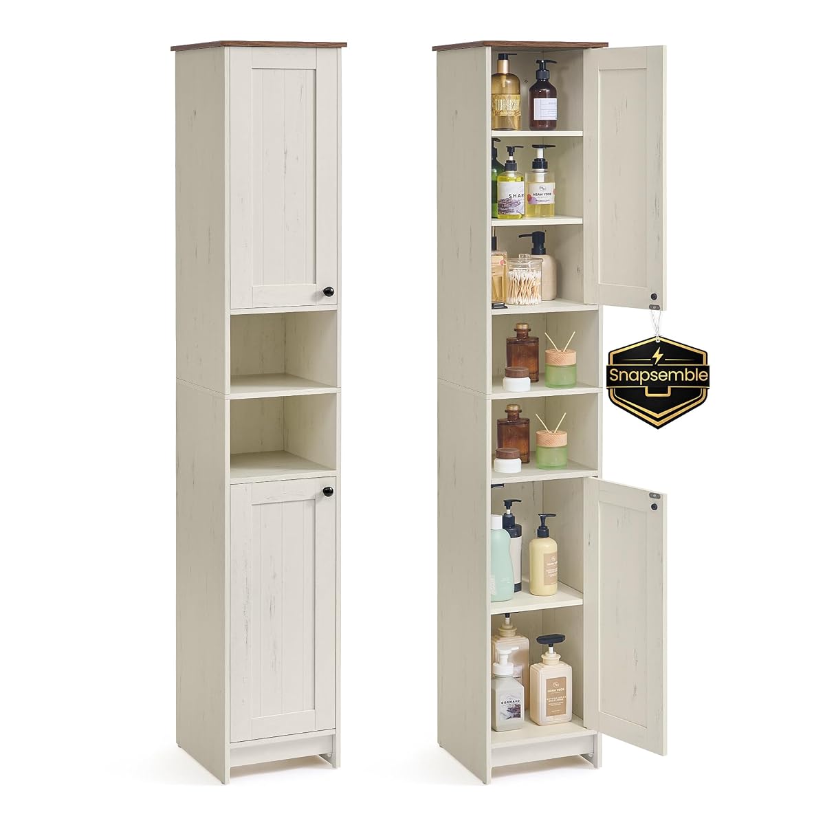 Colonne de salle de bain blanche et taupe avec deux niches ouvertes et des rangements fermés