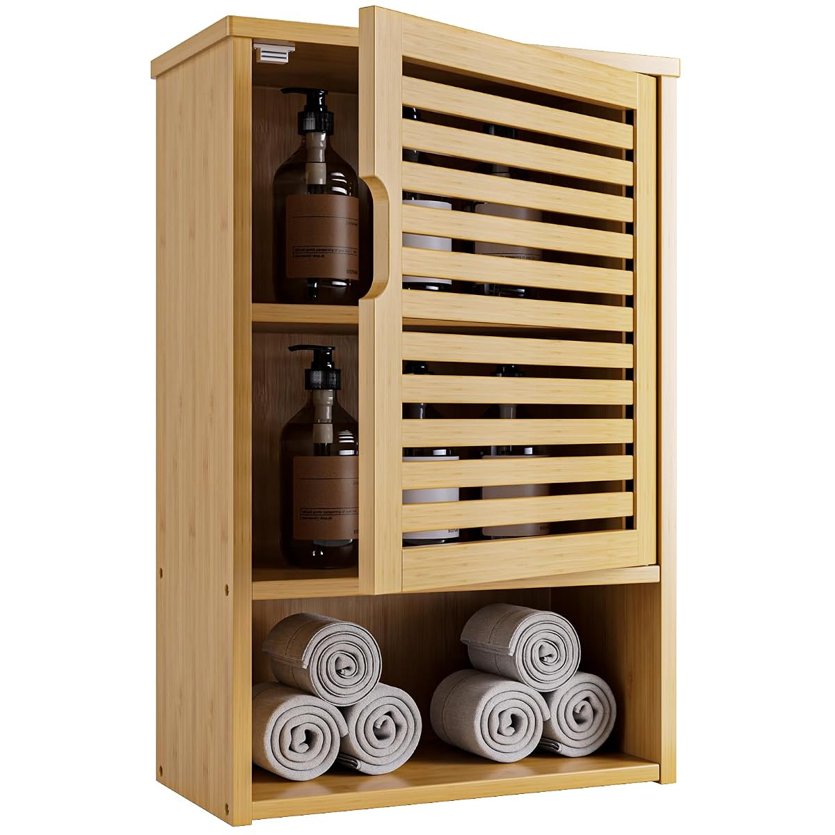 Armoire murale en bambou naturel avec porte et niche ouverte, installée dans une salle de bain claire.