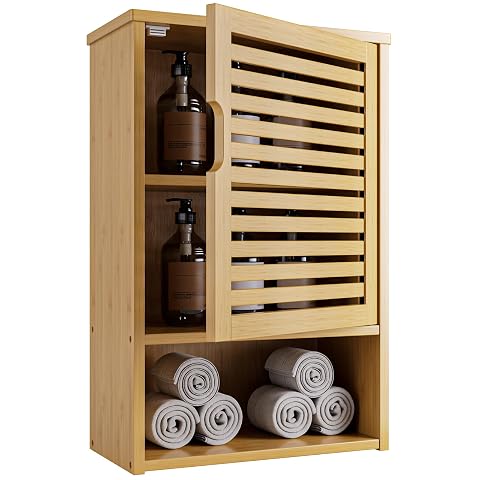 Armoire murale en bambou naturel avec porte et niche ouverte, installée dans une salle de bain claire.