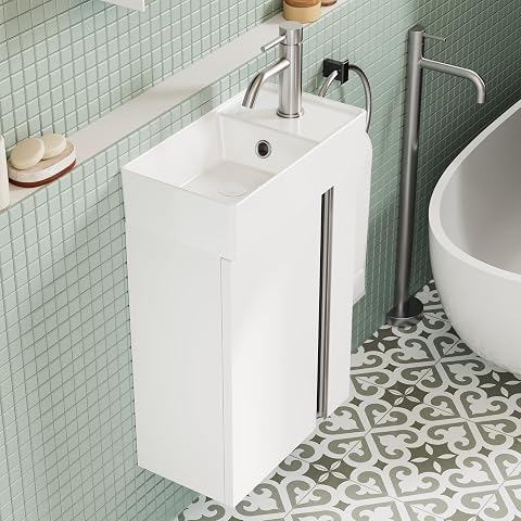 Meuble sous-vasque suspendu blanc mat de 40 cm avec porte amortie et lavabo en céramique