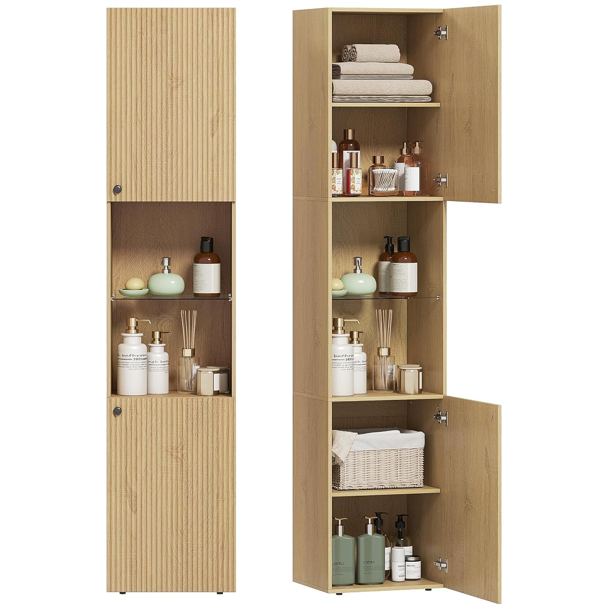 Colonne de salle de bain imitation chêne avec deux portes cannelées et étagères ouvertes
