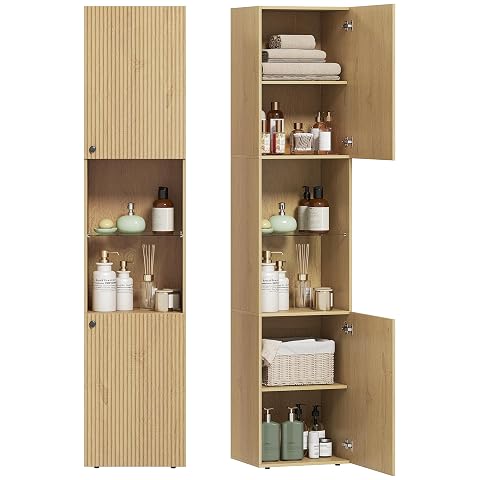 Colonne de salle de bain imitation chêne avec deux portes cannelées et étagères ouvertes