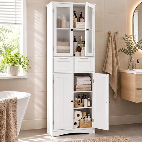 Colonne de salle de bain blanche avec portes dépolies, deux tiroirs et socle surélevé