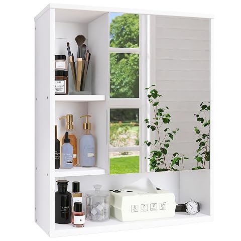 Armoire miroir murale blanche avec étagères ouvertes dans une salle de bain lumineuse