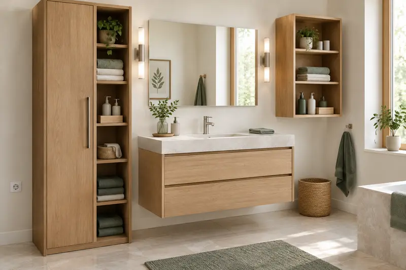 Armoires de rangement hautes, basses et murales dans une salle de bain claire