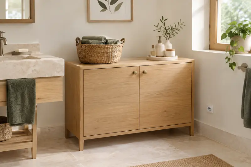 Armoire basse à portes installée contre un mur de salle de bain clair