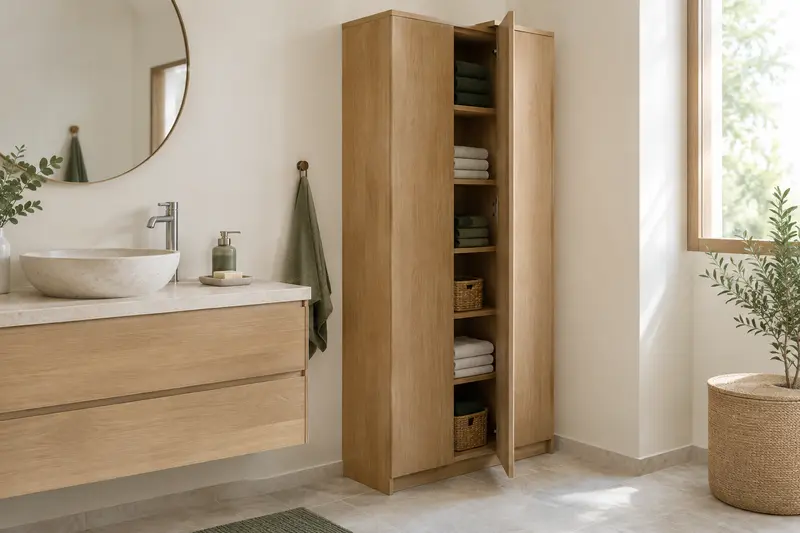 Armoire haute de salle de bain avec étagères et serviettes pliées