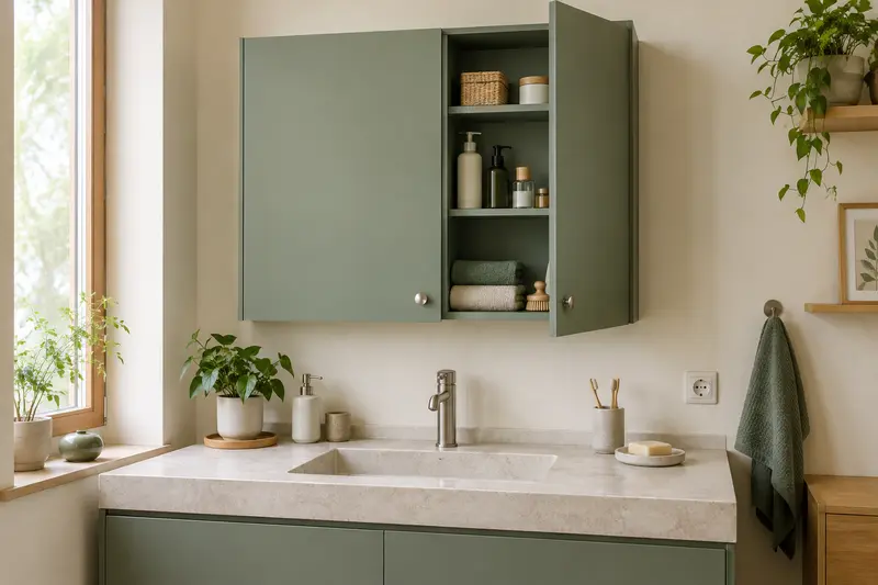 Armoire murale fermée sans miroir au-dessus d’un plan de salle de bain