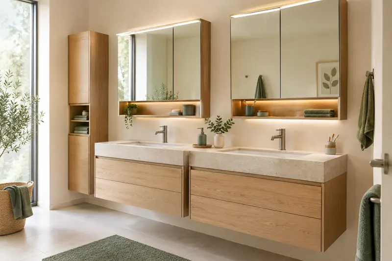 Armoires miroir installées au-dessus de vasques dans une salle de bain claire
