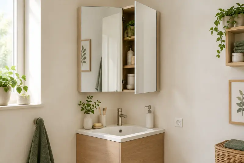 Armoire miroir d’angle installée au-dessus d’un petit lavabo clair