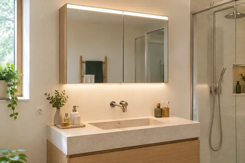 Armoire de toilette lumineuse au-dessus d’un lavabo avec vasque en pierre claire