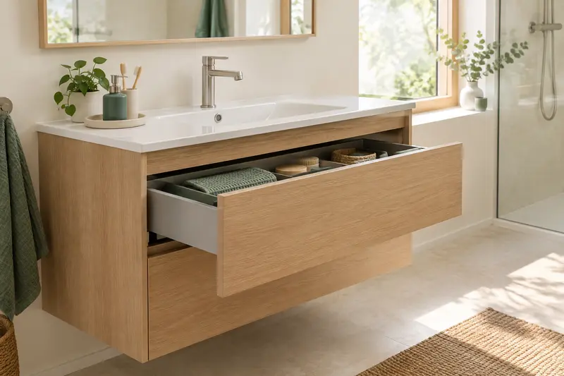Meuble sous vasque en bois clair avec tiroir dans une salle de bain