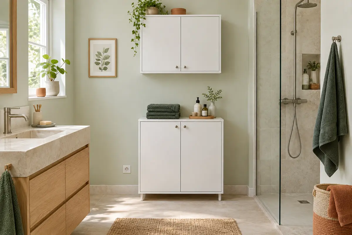 Armoire basse et armoire murale comparées dans une salle de bain au sol dégagé