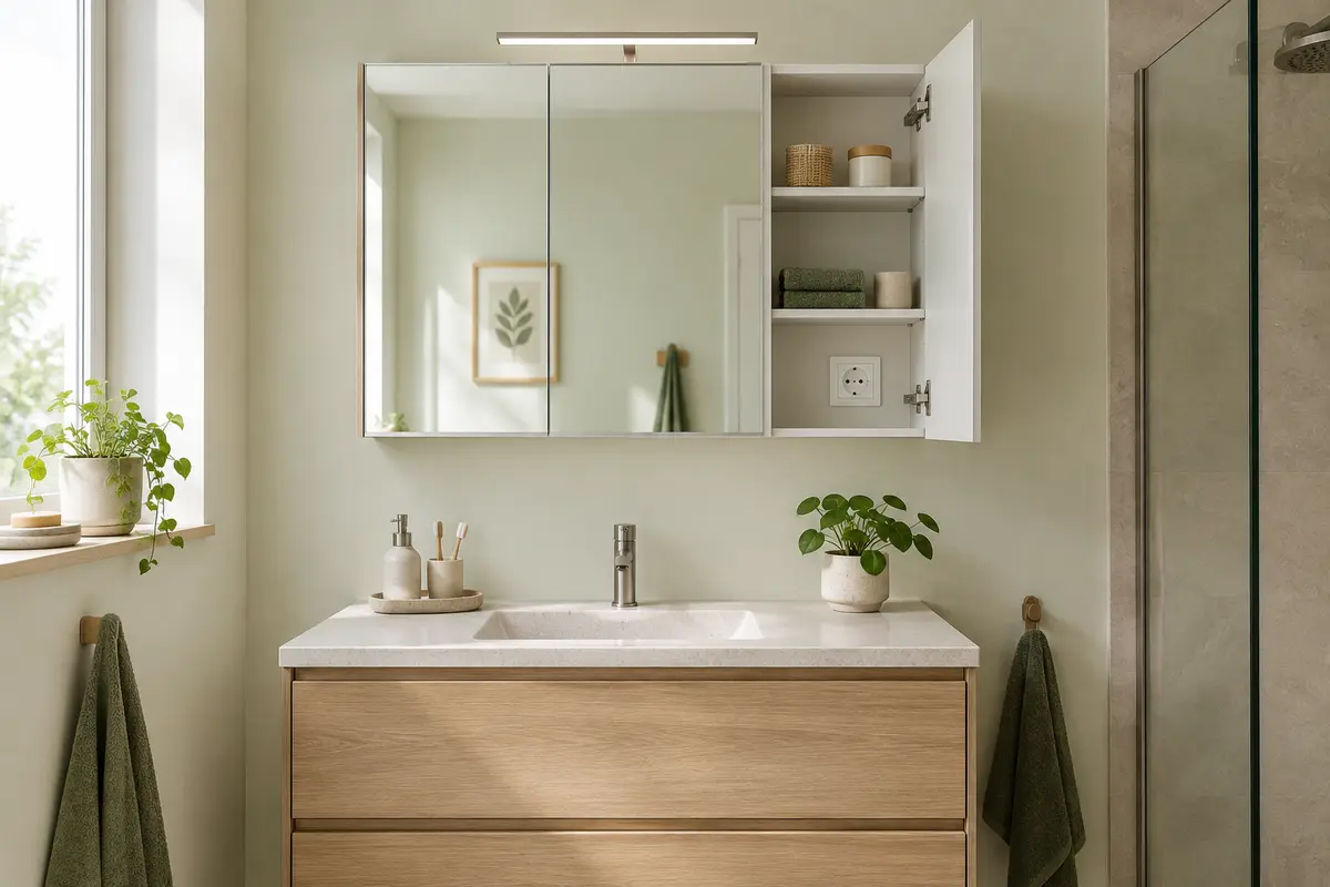 Armoire de toilette avec prise intégrée au-dessus d’un lavabo, portes ouvertes et espace de rangement visible.