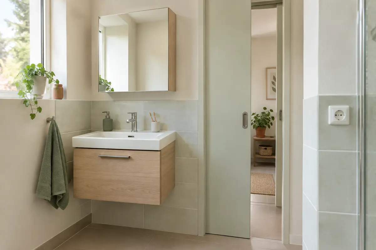 Armoire miroir peu profonde au-dessus d’un lavabo compact, avec passage dégagé dans une petite salle de bain