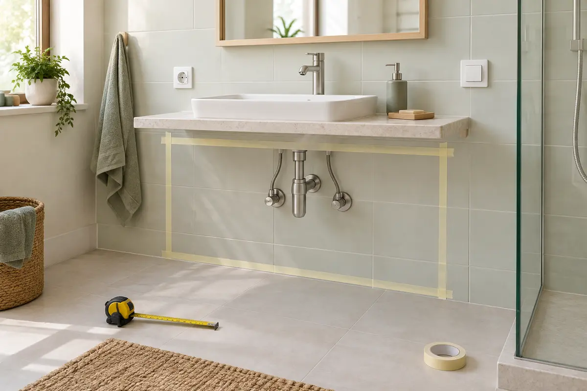 Mur de salle de bain avec tuyaux, prise et interrupteur repérés avant la pose d’une armoire