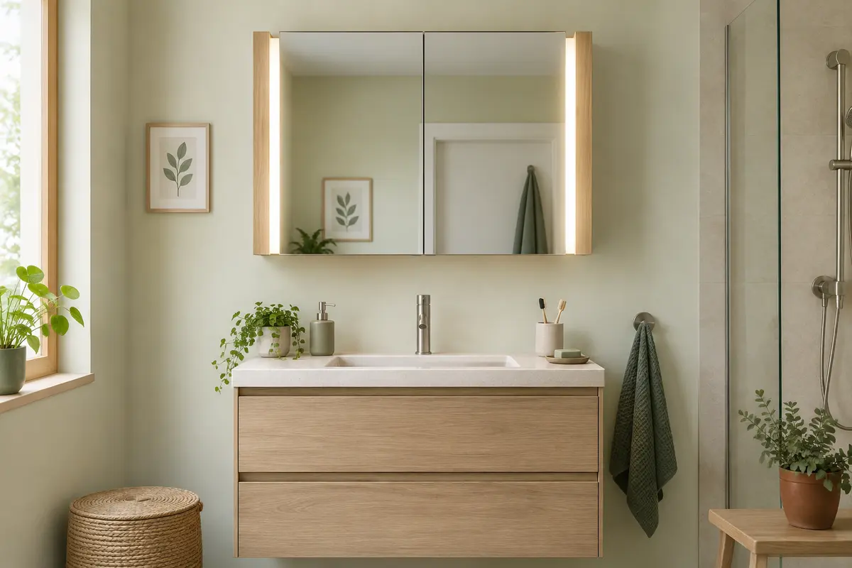 Armoire de toilette éclairée sur les côtés au-dessus d’un lavabo dans une salle de bain claire