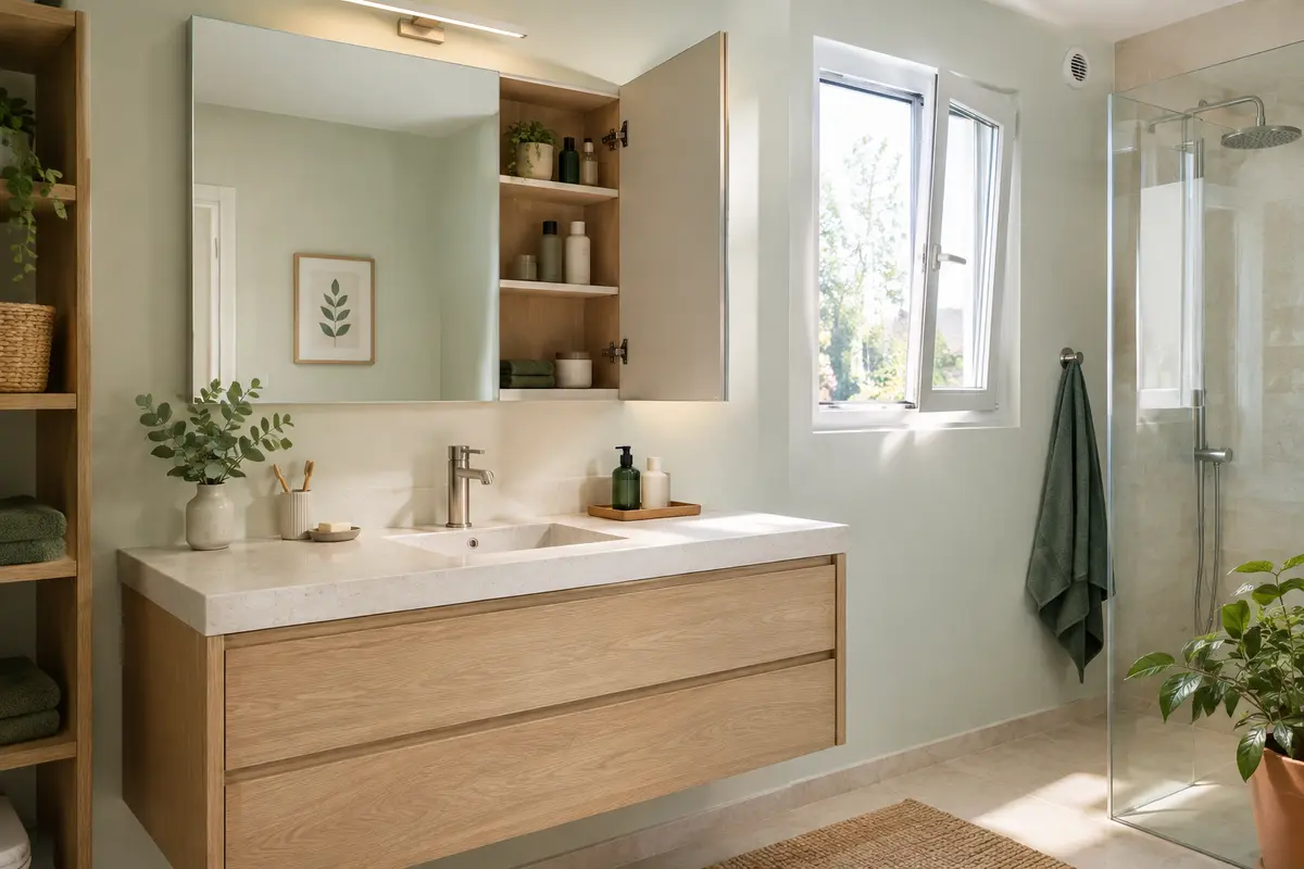 Armoire de toilette entrouverte dans une salle de bain aérée, avec des étagères sèches après la douche.