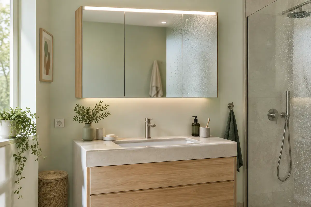 Armoire miroir de salle de bain avec surface nette après une douche, illustrant une fonction antibuée.
