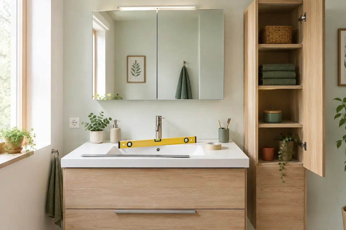 Armoire de toilette miroir au-dessus d’un lavabo, avec un niveau et des repères de pose sur le plan vasque