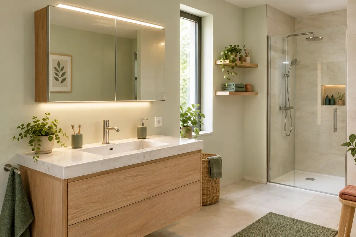 Armoire de toilette éclairée installée au-dessus d’un lavabo dans une salle de bain
