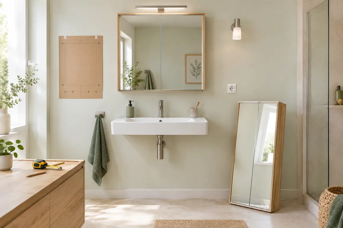 Lavabo et armoire miroir avec un mètre ruban pour préparer la mesure de la hauteur de pose.