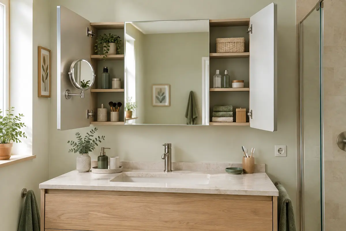 Armoire de toilette ouverte avec miroir grossissant orientable intégré près du miroir principal.