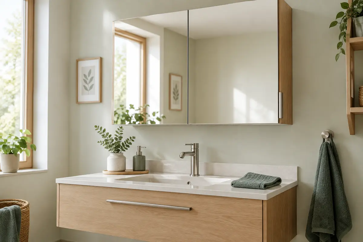 Miroir d’armoire de salle de bain propre, chiffon microfibre et finitions préservées