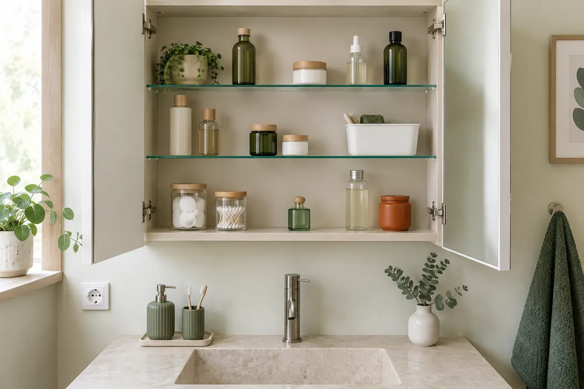 Armoire de toilette ouverte avec des produits classés sur des tablettes dégagées et faciles à nettoyer
