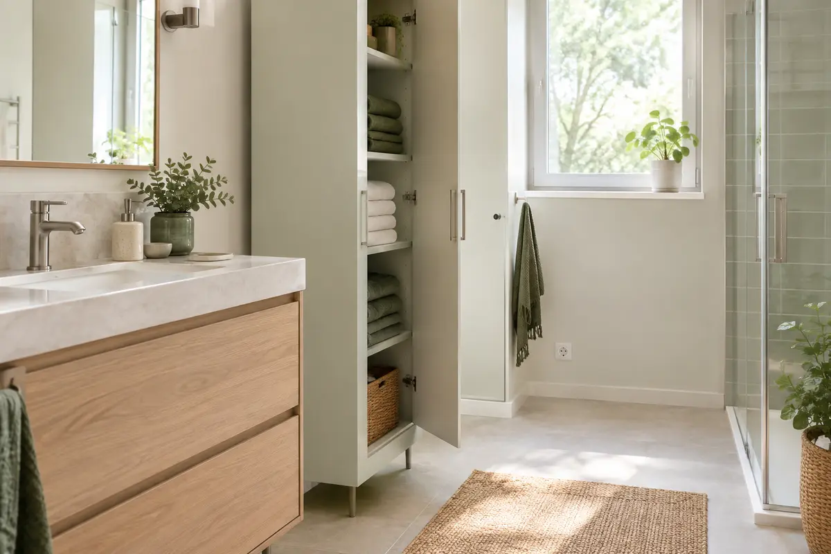Armoire haute avec serviettes pliées dans une salle de bain, passage dégagé devant le meuble.
