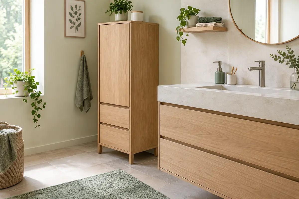 Armoire de salle de bain en bois près d’un lavabo, dans une pièce lumineuse et aérée