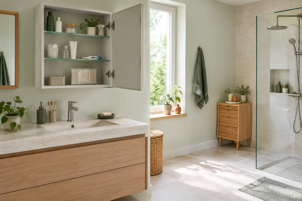 Armoire à pharmacie murale avec accessoires de soin rangés dans une salle de bain sèche
