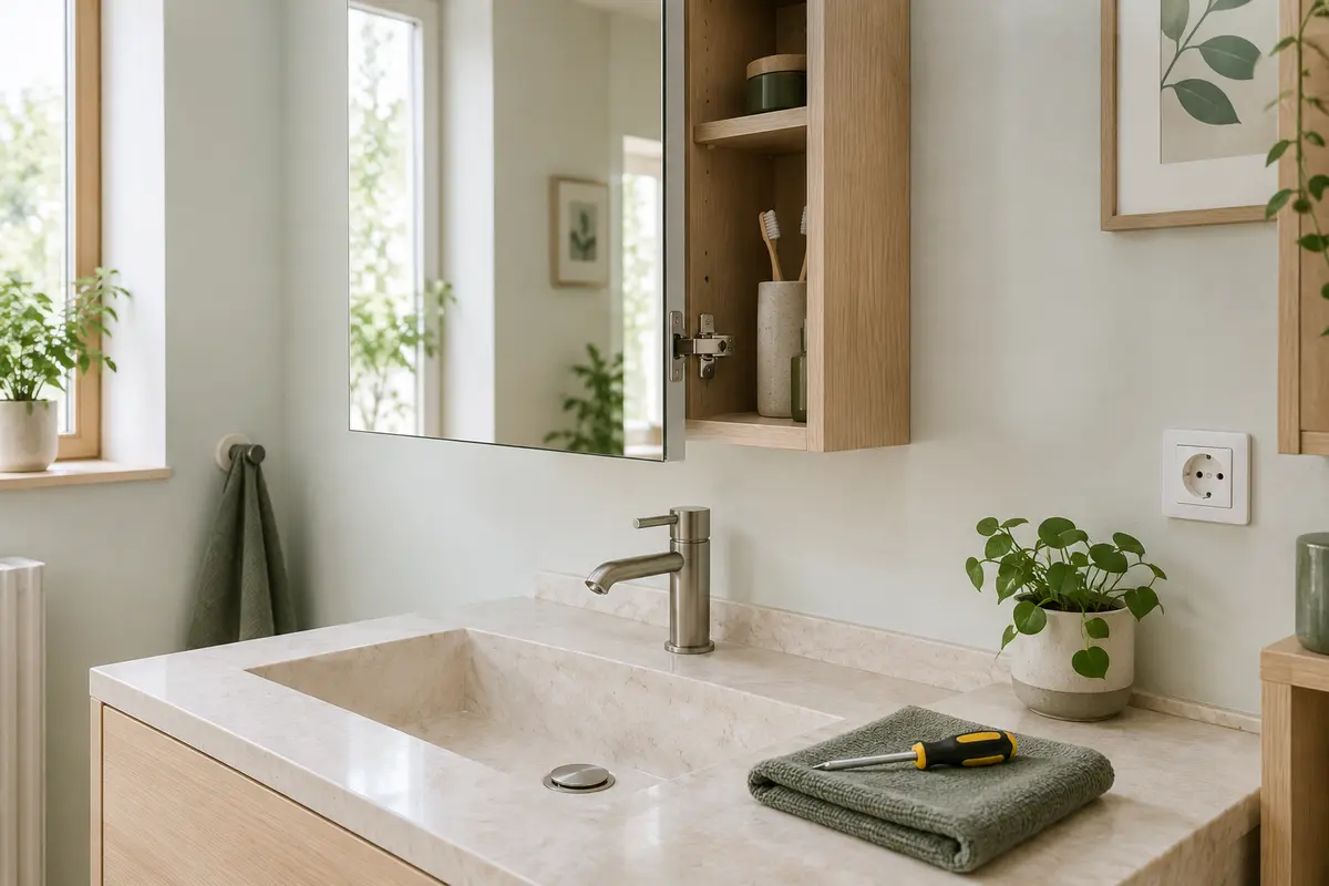 Porte miroir entrouverte révélant la charnière d’une armoire de toilette au-dessus d’un lavabo