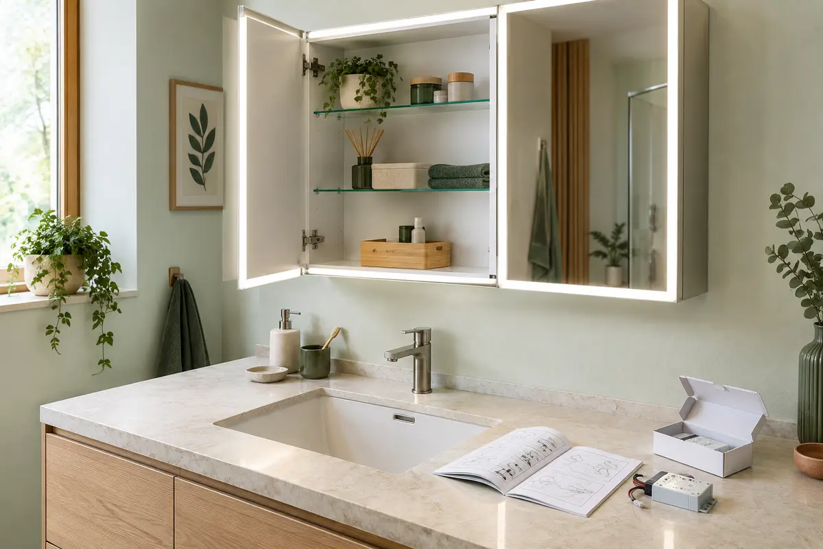 Armoire de toilette lumineuse avec notice et composant de rechange posé sur un plan sec