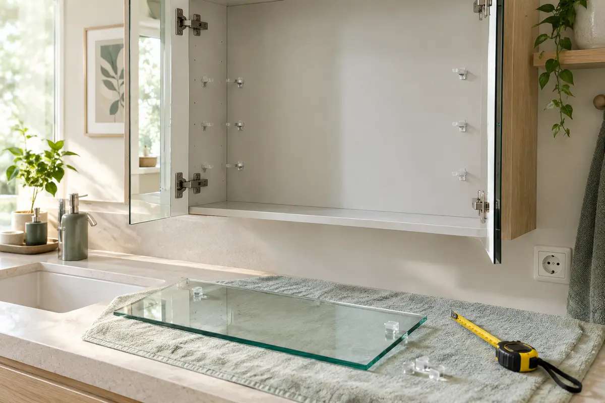 Tablette en verre retirée devant une armoire de toilette ouverte, avec ses supports visibles.