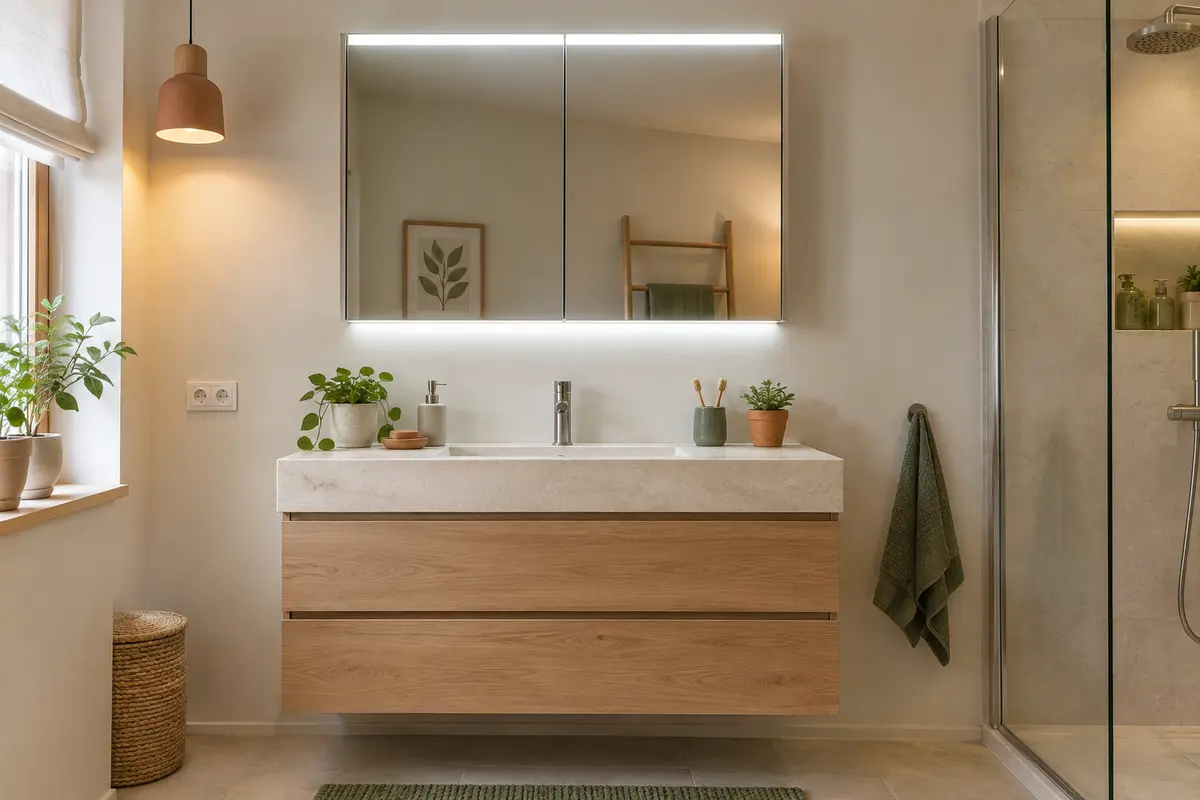 Armoire de toilette éclairée au-dessus d’un lavabo, avec une lumière neutre et une ambiance chaude.