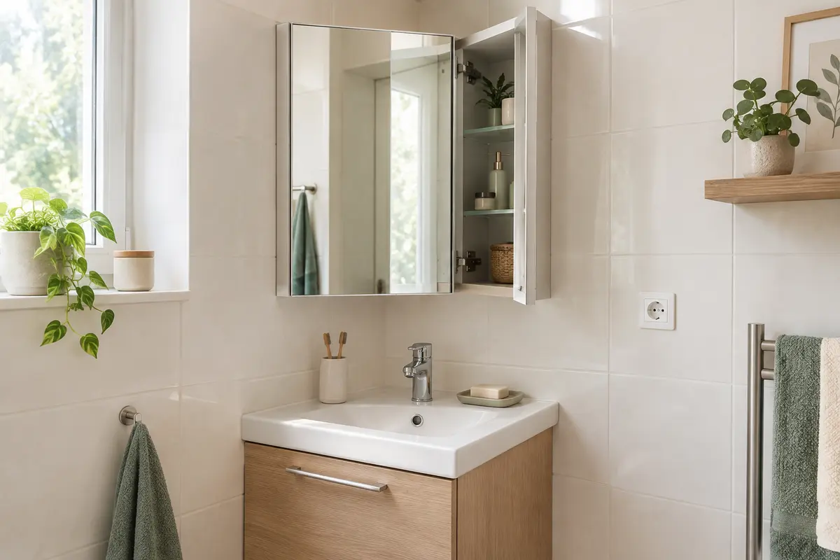 Armoire de toilette d’angle au-dessus d’un lavabo, avec une porte ouverte sans bloquer l’accès.