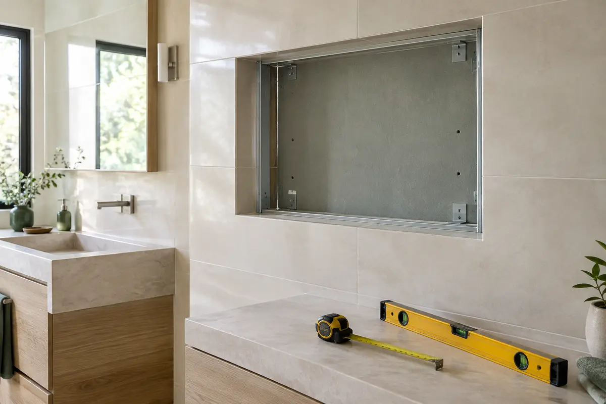 Niche préparée dans un mur de salle de bain pour une armoire de toilette encastrable