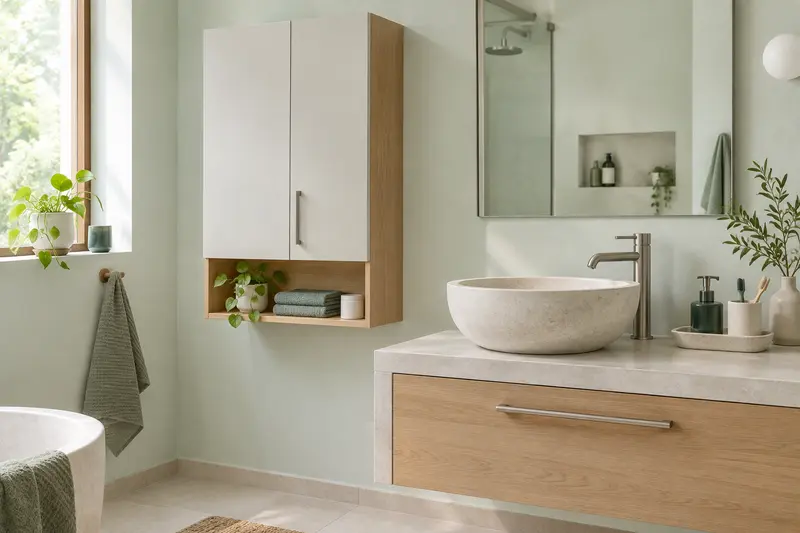 Armoire murale dans une salle de bain sobre avec vasque claire et détails naturels