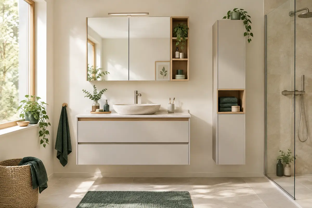 Armoire de toilette et meuble sous vasque dans une salle de bain claire aux finitions sobres